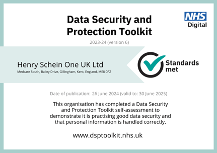 Henry Schein One UK Ltd DSPT Certificate 2024-25