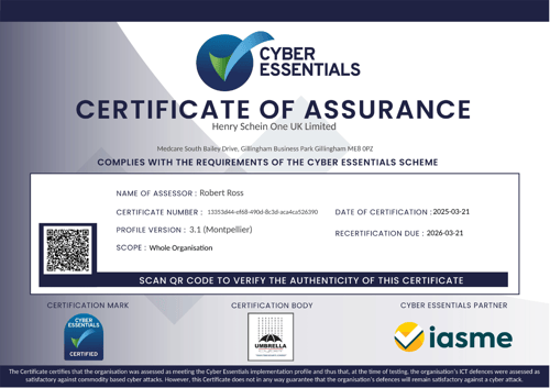 Cyber Essentials Certificate of Assurance for Henry Schein One UK Limited