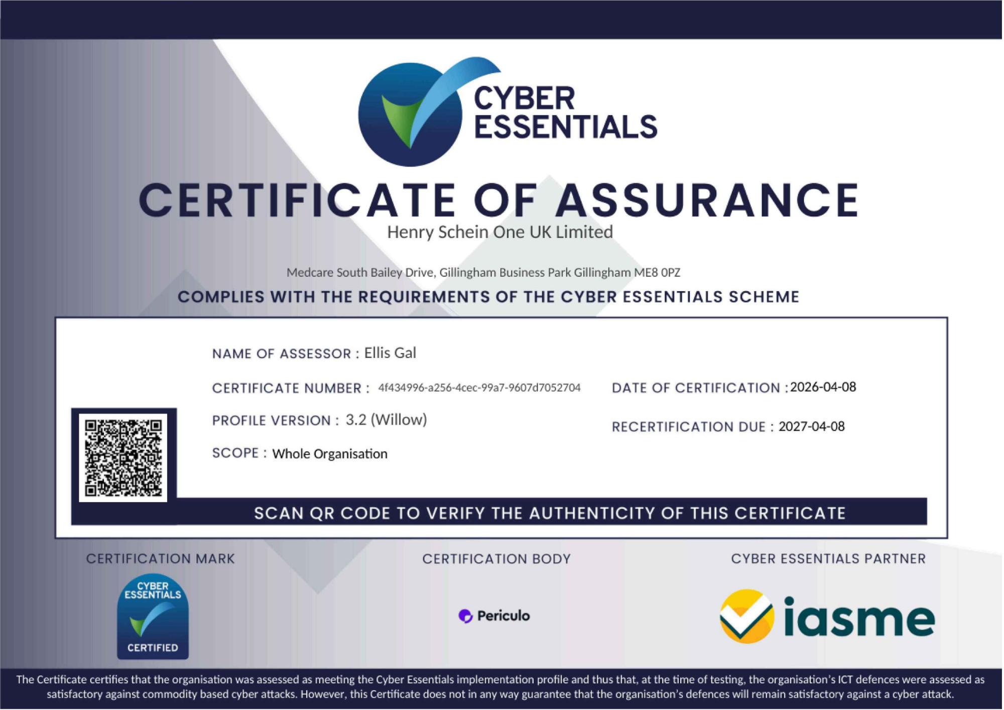Henry Schein One Cyber Essentials Certificate 2026