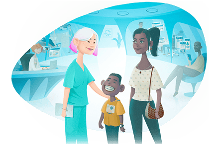 Receptionist standing with patients