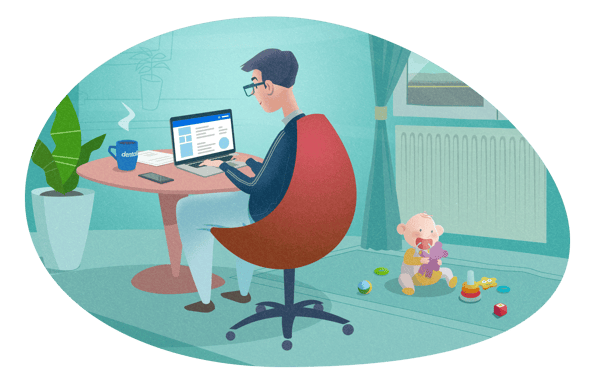Dentist working comfortably from home with new born baby using Dentally. 