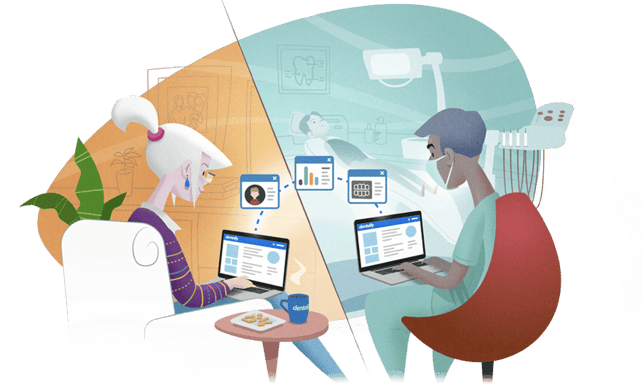 Two dentists, one at home and one at the dental practice checking their practices data.  
