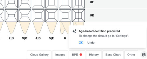 screenshot of the age based predictive dentition prompt on the chart screen.