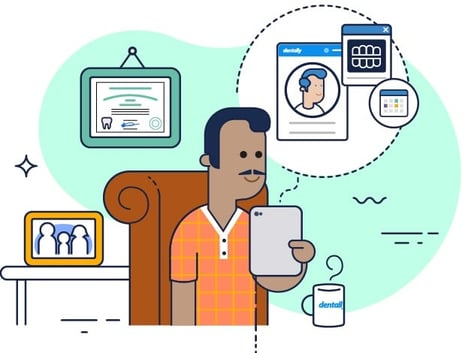 illustration of a person signing their forms on the dentally portal at home on their mobile device. 