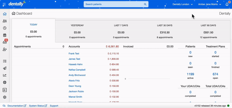 Gif demonstrating how to use the patients report to find all patients with no first appt.
