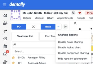 screenshot showing the chart dentition drop down menu for quick viewing changes. 