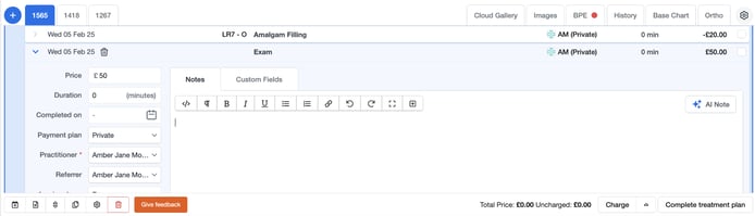 screenshot showing the new ai note field on the chart screen 