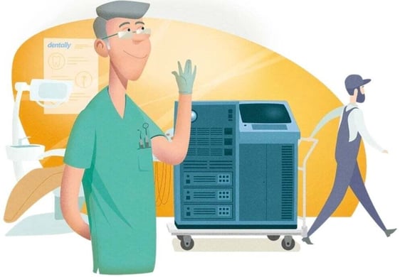 A dentist waving goodbye to an expensive server as someone is pulling it out of the practice.