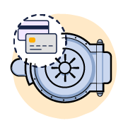 An illustration of a safe with two credit cards next to it to indicate that patient data is secure in Detally's cloud-based dental software.