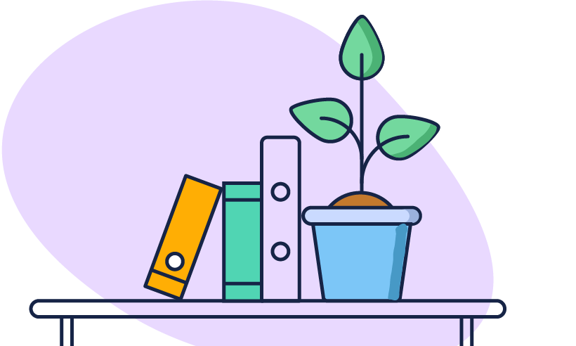 Illustration of a shelf with books and a plant